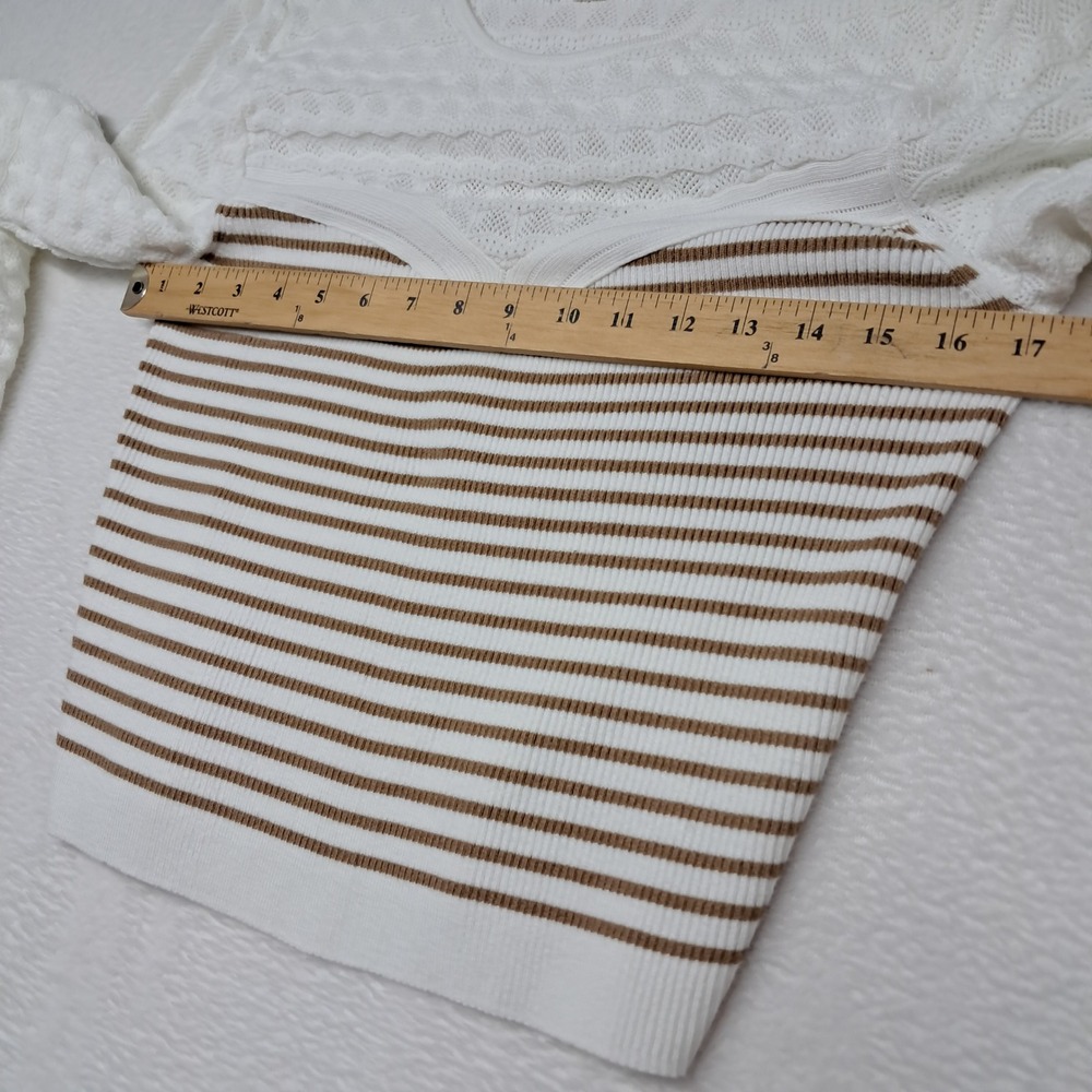 Anthropologie Maeve Sweater Womens Large White Tan Striped Pointelle Long Sleeve - Picture 8 of 10